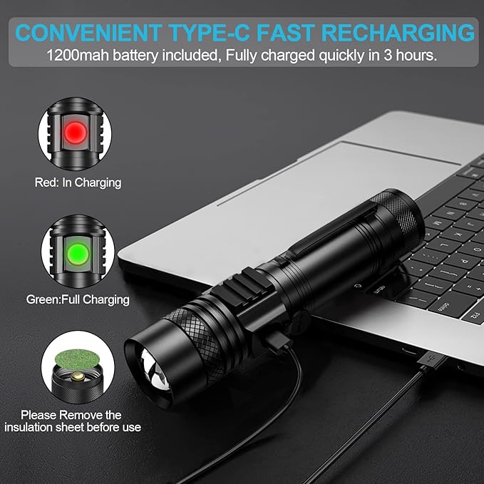 Rechargeable Flashlight, Super Bright LED Flashlight with COB sidelight, Zoomable, Waterproof, 4 Modes, Tactical Flashlight for Camping, Emergency