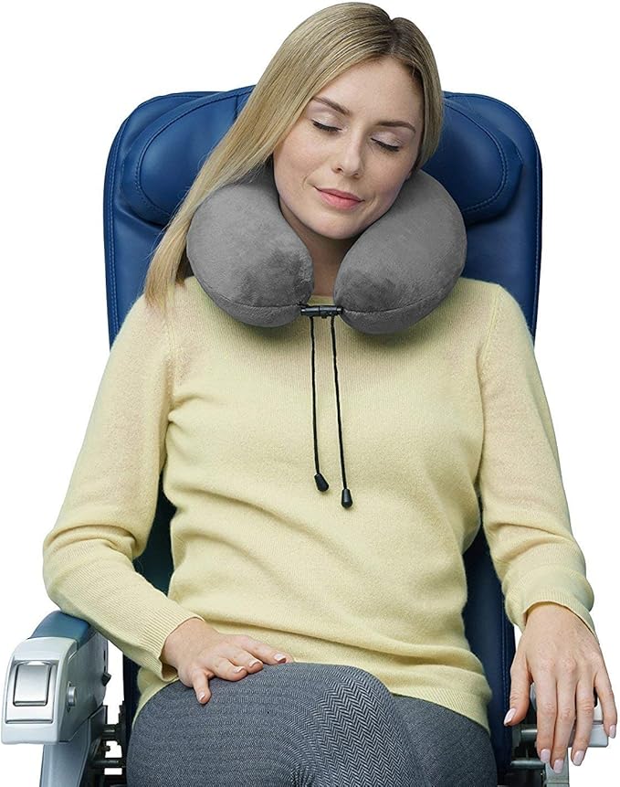 TRAVELREST Travel Essential Neck Pillow - Memory Foam, Washable Micro-Fiber Cover, Soft and Comfortable Head Support for Long Flights, Compact, Attaches to Luggage, Airplanes, Cars, Bus - (Grey, Curl)