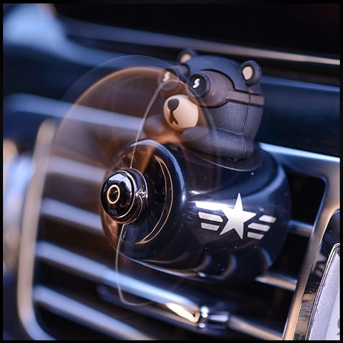 2 Pieces Car Air Fresheners, Cute Bear Pilot Car Diffuser, Propeller Air Outlet Vent Fresheners, Suitable for Automotive Interior Decoration (Black + Silver)