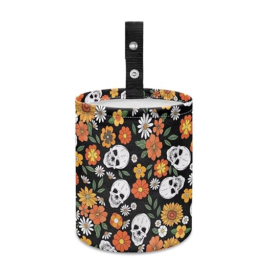 Trash Bag, Car Garbage Can Hanging Back Seat Organizer Trash Can Bin for Vehicle, Travelling, Camping - Gothic Flower Skull