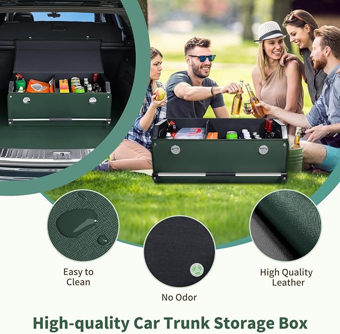 Car Trunk Organizer, Leather Trunk Organizer with Lid and Push-pull Handle Car Trunk Storage Box for SUV, Minivan, Truck, Sedan (Green, 27.1 x 11.4 x 12.2in)