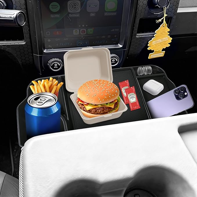 Jump Seat Front Seat Headrest Organizer for 2011-2026 Ford F150-F650 Super Duty Accessories- Truck Interior Storage Tray with Deep Cup Holder, Cable Hole, Non-Slip Silicone Mat & Coin Container