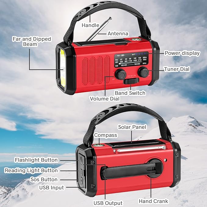 Emergency Crank Radio10000mAh/37000mWh AM/FM/NOAA Weather Radio, Solar/Hand Crank/USB Charging, LED Flashlight and Cell Phone Charger for Valentines Day Gifts Outdoor, Camping & Home Emergencies