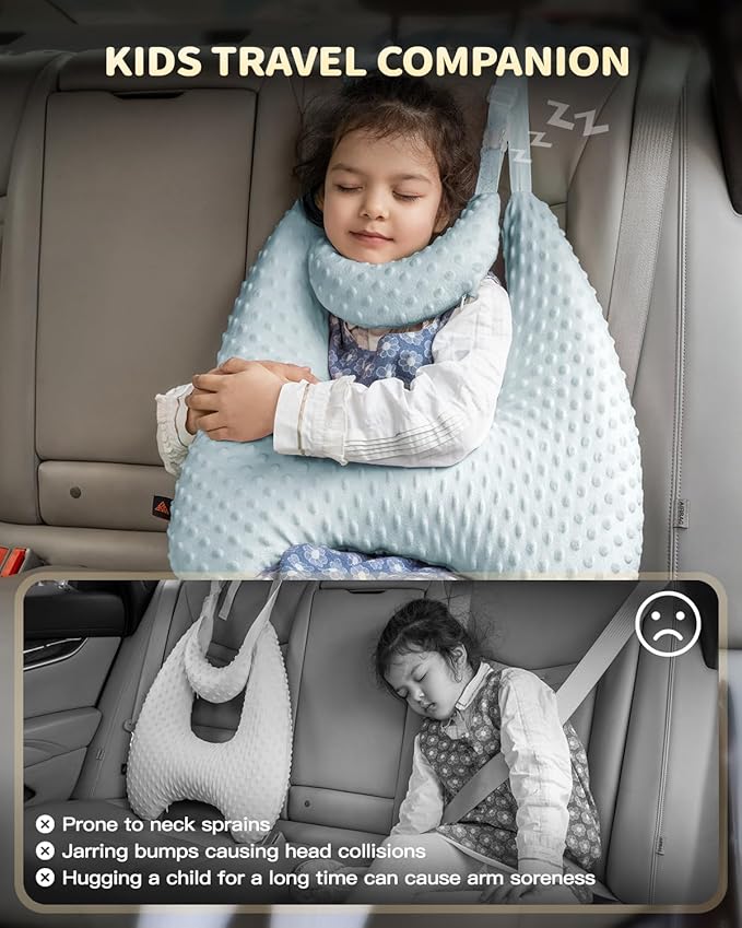 Memory Foam Kids Travel Pillow, Car Pillow for Kids, H-Shape Car Pillows for Sleeping, Removable Pillowcase, Adjustable, Velvet Dots, Blue