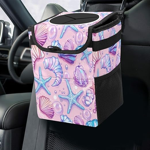 Car Trash Can with Lid, Small Portable Hanging Automotive Garbage Bin for Vehicles, Leakproof Waste Bag Container for SUV Truck Van Interior Auto Travel Road Trips(Starfish)