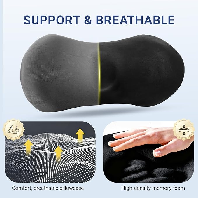 Lumbar Pillow with Adjustable Strap, Memory Foam Lumbar Support Pillow for Office Chair and Car Seat, Back Pillow for Lower Back, Back Support Pillow for Sitting, Driving, Traveling