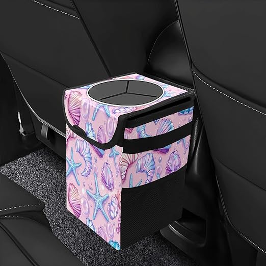 Car Trash Can with Lid, Small Portable Hanging Automotive Garbage Bin for Vehicles, Leakproof Waste Bag Container for SUV Truck Van Interior Auto Travel Road Trips(Starfish)