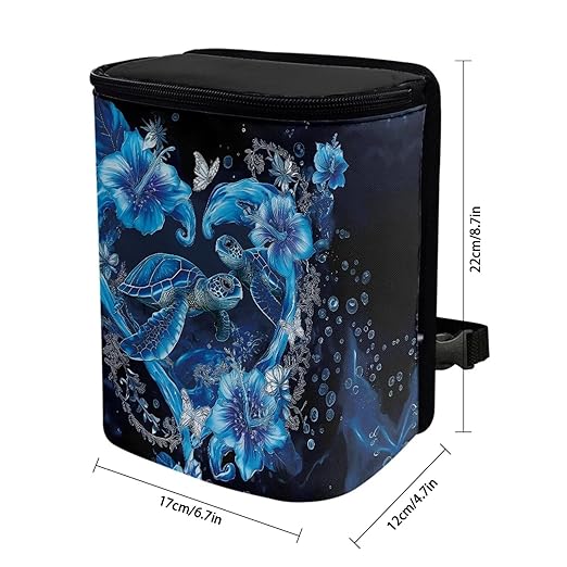 Sea Turtle Car Trash Can Leak Proof Trash Bag with Lid and Zipper Tropical Floral Portable Collapsible Garbage Can Multipurpose Storage Organizer