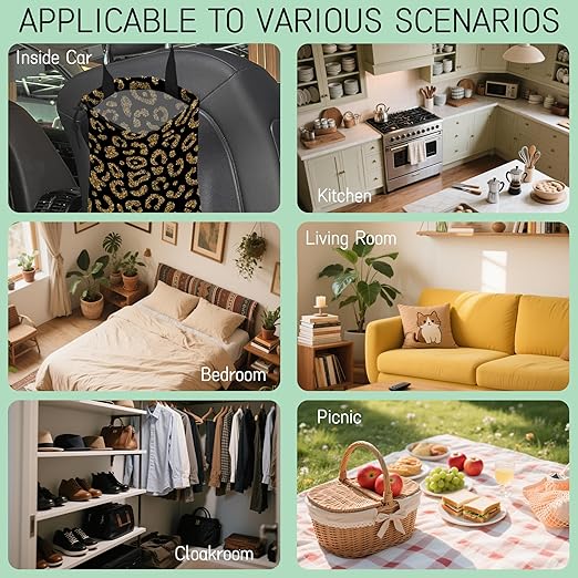 Glitter Leopard Car Trash Bag,Golden Lips Hanging Drawstring Car Garbage Bag,Waterproof Canvas Car Back Seat Organizer with Adjustable Buckle,for Vehicles,SUVs,Camping,Road Trips