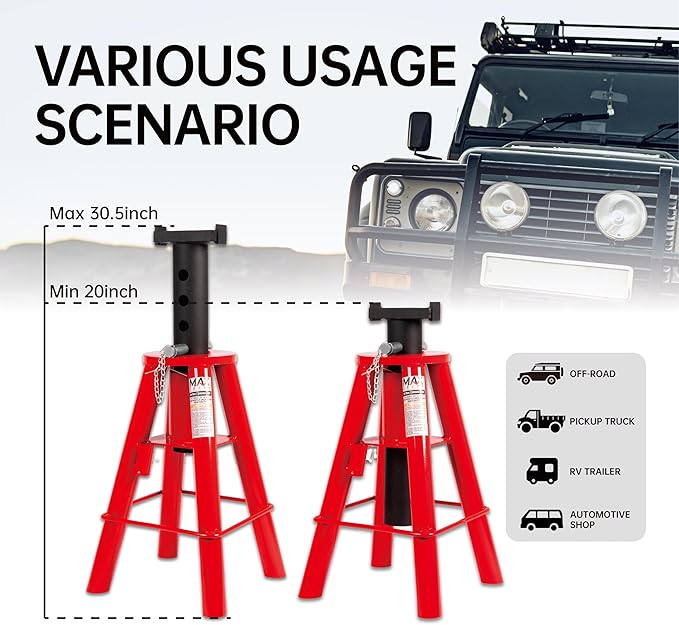 10 Ton (20,000 lbs) Capacity Heavy-Duty Medium Profile Pin Type Adjustable Jack Stand for Trucks & Equipment, 1 Pair