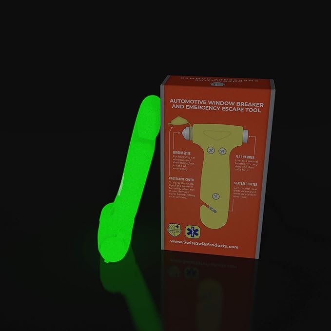 Swiss Safe Durable 5-1 Car Safety Hammer Window Breaker Breaker Tool w/Seatbelt Cutter - Emergency Escape Glass Hammer - Truck, Car Safety Essentials & Accessories - Glow, 1 Pack