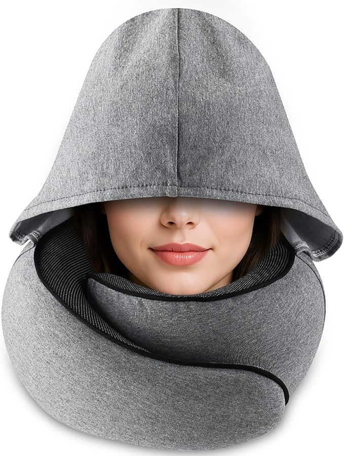 Travel Pillow with Hood (Light Gray) - for Airplane Travel and Car Ride Nap, Foldable Hood, Slow-Rebound Memory Foam, 360 Ergonomic Design, Compact and Portable in Travel Bag