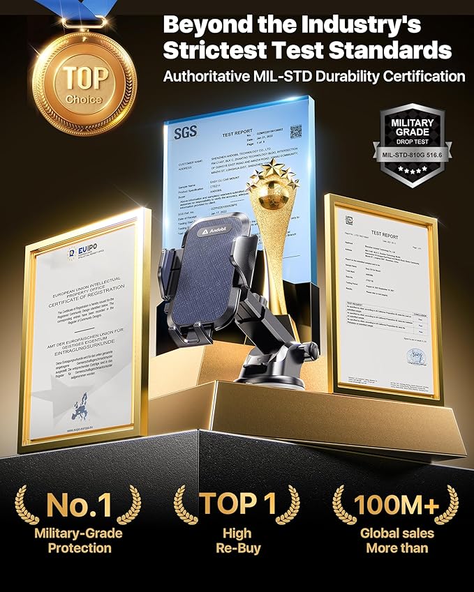 andobil Car Phone Holder Mount (Strong Suction&Bumpy Road Stable) Phone Holders for Your Car, Cell Phone Car Mount for Windshield Dash Vent Truck Cradle Stand for iPhone 17 16 15 14 Pro Max, Blue