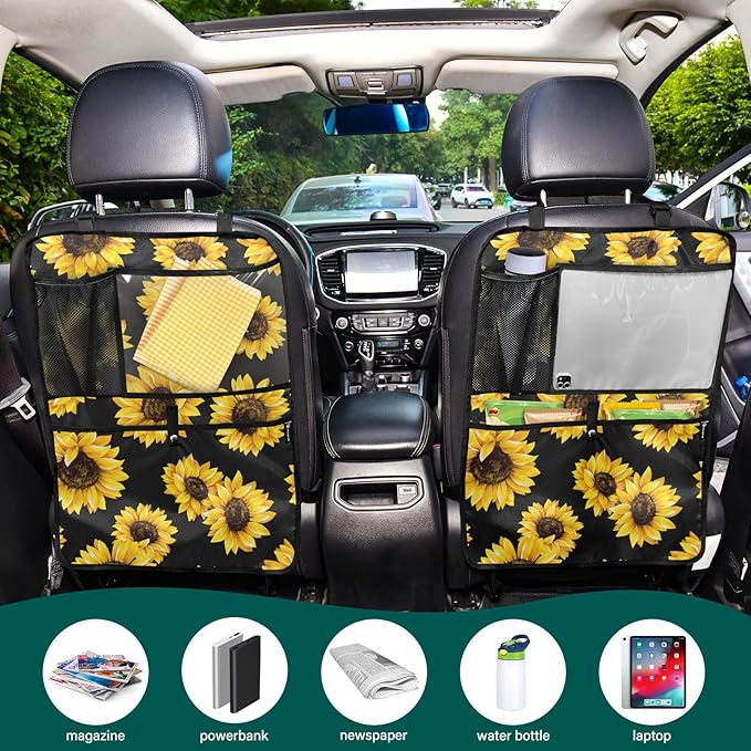 1 Pack Backseat Car Organizer with Storage Pockets Seat Back Organizers for Kids Kick Mats Backseat Protector Automotive Sunflower