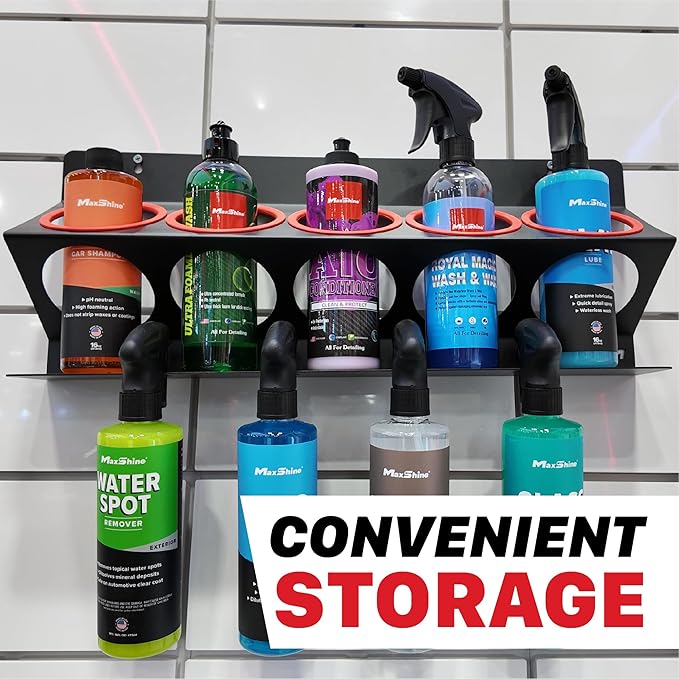 Maxshine Universal Detailing Spray Bottle Holder – Mobile Detailing & Car Garage Organizer, Holds 5 Bottles (16/32oz) with 4 Small Holes – Lightweight Design, Easy Wall Mounting