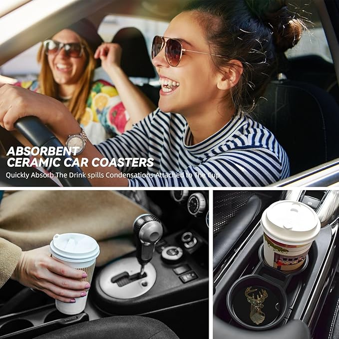 Car Coasters for Cup Holders, 2 Pack Absorbent Ceramic Anti Slip Universal Car Interior Accessories 2.56 Inch Cup Coaster for Women Men - Camo Deer