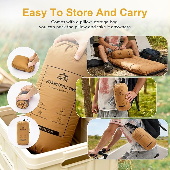 Thick Camping Memory Foam Pillow, Compressible & Ultralight Travel Pillow for Backpacking - Ergonomic Neck & Lumbar Support for Side Sleepers, Compact for Hiking, Car, Airplane