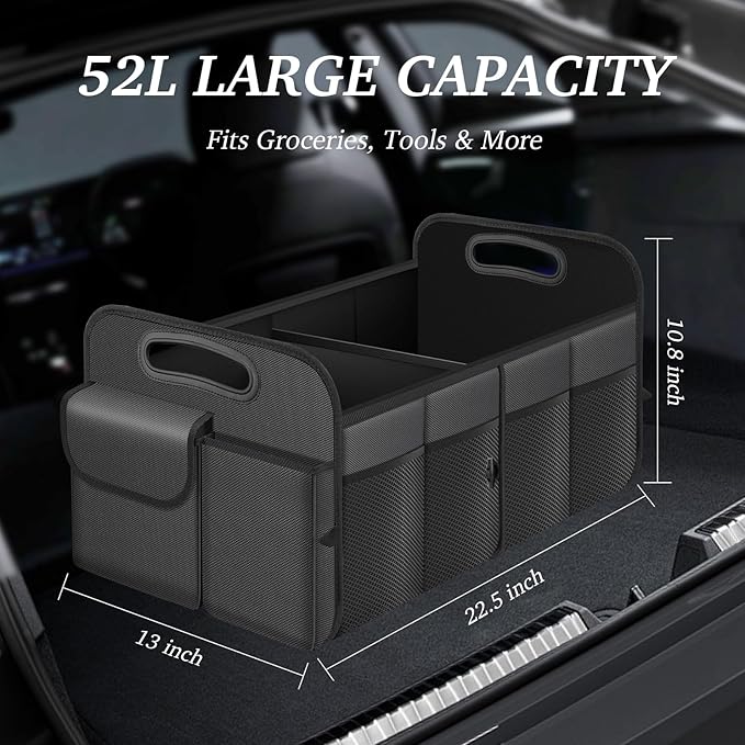 Trunk Organizer, Collapsible Waterproof Multi-Compartment Trunk Organizer for SUVs & Sedans, Car Storage with Reinforced Handles, Car Accessories for Women and Men, 52L