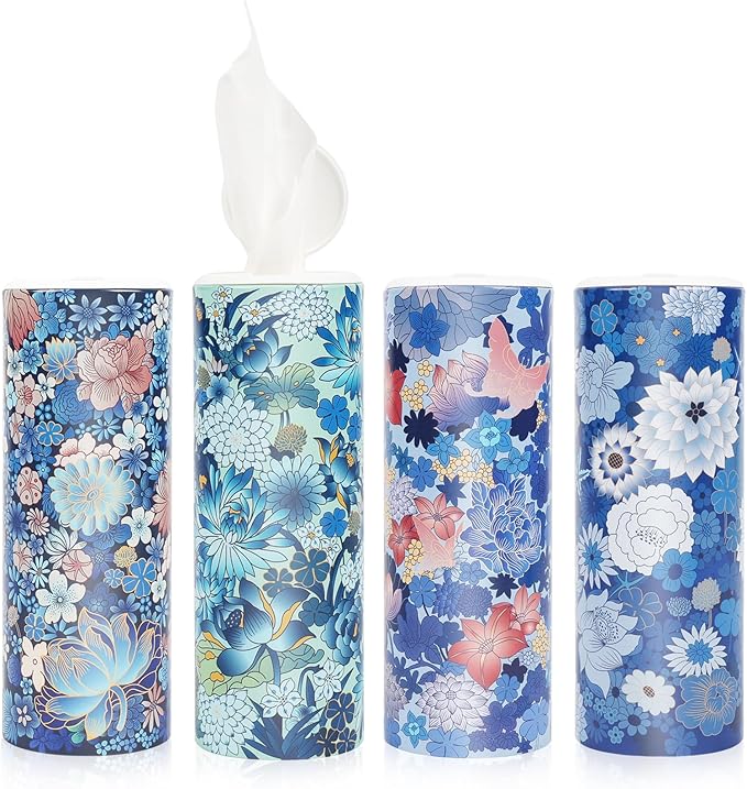 CLOVER Facial Tissues with Cap - 4 PK Car Tissues Cylinder,Car Tissue Holder with 200 Sheet 3-ply Facial Tissues,Round Tissue Boxes for car,Travel Tissues for Car Cup Holder