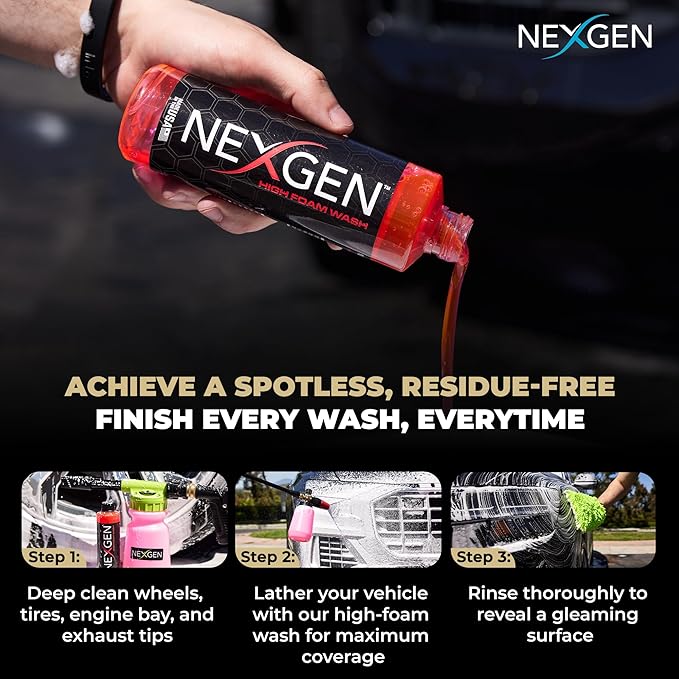 Nexgen High Foam Car Wash (16oz) - Professional-Grade, pH-Balanced car soap for Spotless Shine - On-the-Go Car Detailing - Car Cleaning Supplies - Safe for Coated, Waxed & Sealed Finishes