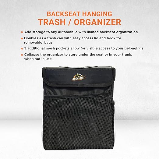 Armor All Car Trash Can & Organizer, 2.63 Gallon Waterproof Covered Garbage Bin, 3 Mesh Pockets, Collapsible for Easy Storage, Adjustable Strap & Hook for Backseat Hanging, 9.5” L x 6.25” D x 10.25” H
