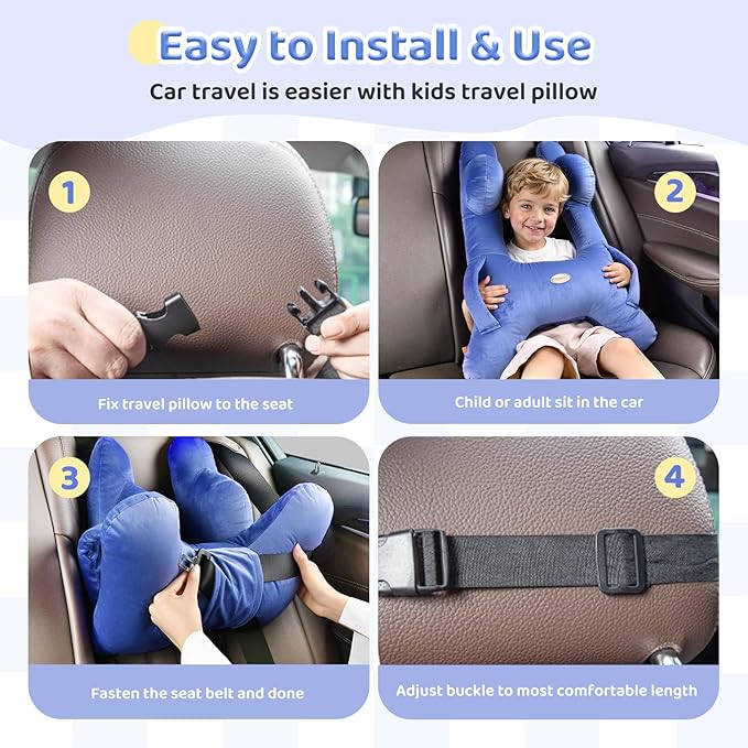 FLORICH Kids Travel Pillow, Car Sleeping Travel Pillow for Kids, Washable H-Shaped Pillow for Adults and Children to Support Head and Body for Road Trips Pillow for Car (Blue)