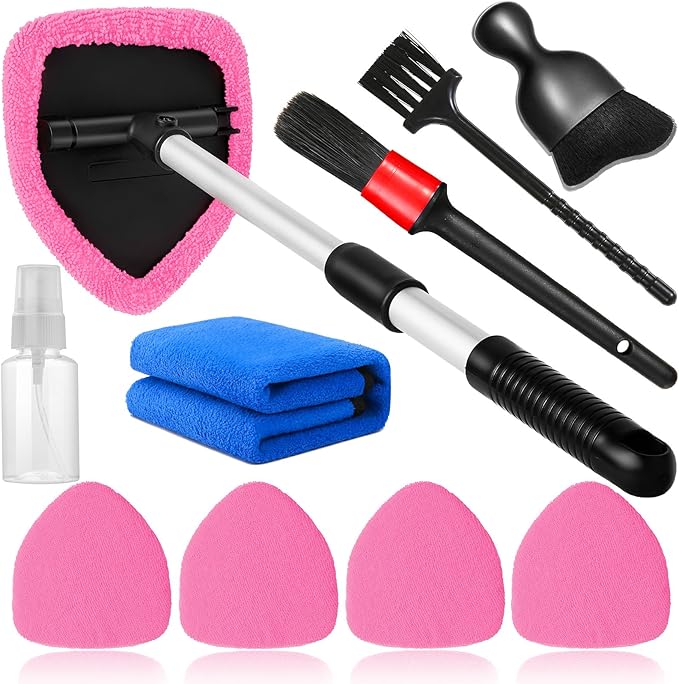 10pcs Windshield Cleaning Tool Inside Car Window Cleaner Wash Kit with 4 Reusable Microfiber Pads 1 Spray Bottle and Extendable Handle Interior Auto Glass Wiper Kit, Pink