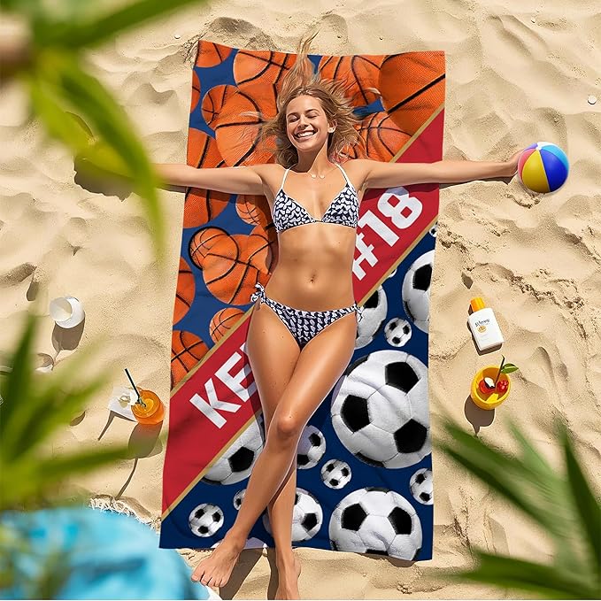 Personalized Beach Towel With Name, Custom Beach Towel with Text, Customized Basketball Football Microfiber Pool Towel, Quick Dry & Absorbent Swim Towel for Adult,Anniversary, Birthday, Summer Holiday