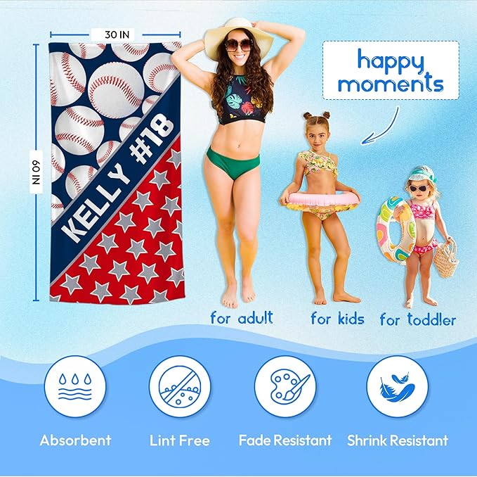 Personalized Beach Towel With Name, Custom Beach Towel with Name, Customized Baseball Microfiber Pool Towel, Quick Dry & Absorbent Swim Towel for Adult,Anniversary, Birthday, Summer Holiday,vacation
