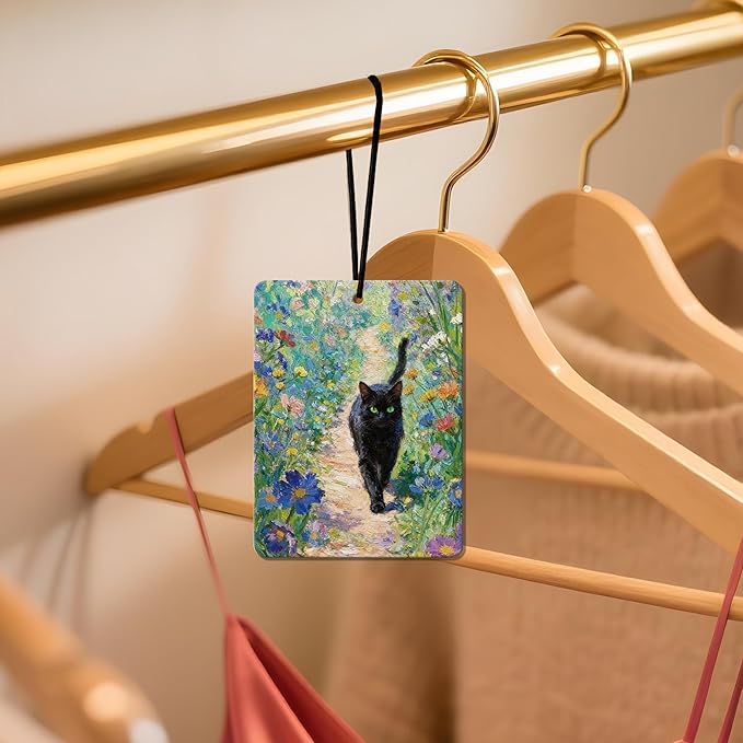Vintage Black Cat Floral Air Freshener 4Pcs, Artistic Cat & Flower Field Air Freshener for Car Interior, Closet, Drawer, Books,Car Mirror Decor Hanging, Gift for Cat Lovers