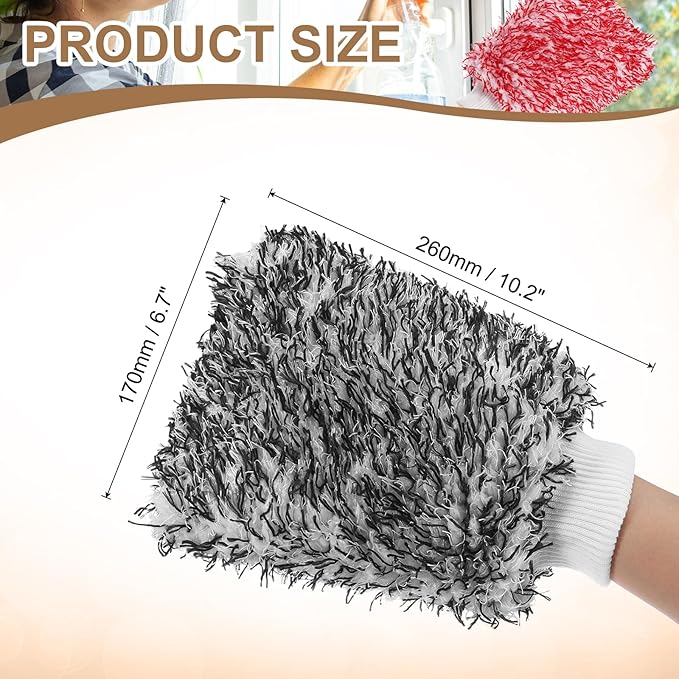 HARFINGTON 4pcs Chenille Microfiber Car Wash Mitts 9.8" x 7.9" Scratch Free Wash Gloves Absorbent Double Sided Plush Cleaning Drying Mitts for Car Washing Home, Gray