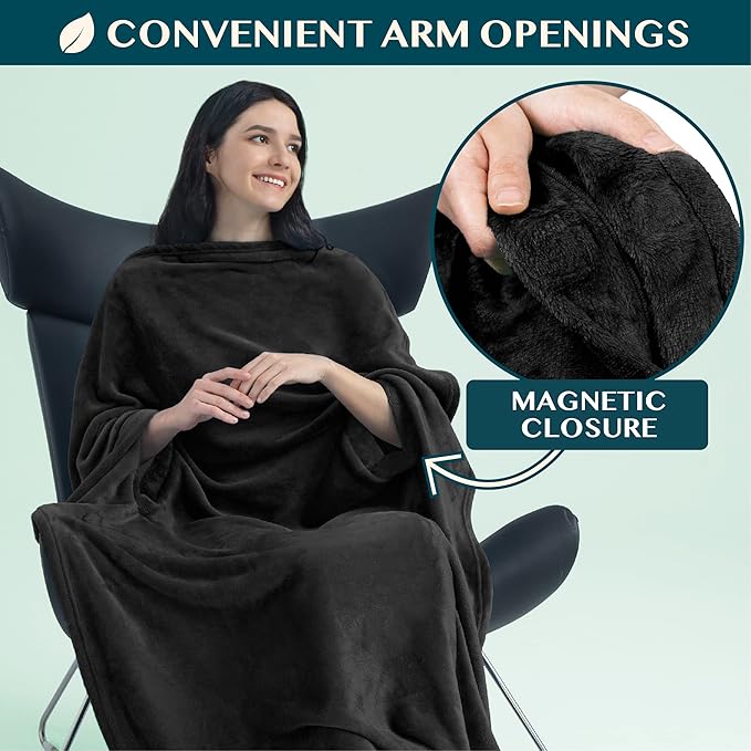 PAVILIA Travel Blanket and Pillow, Arms Opening Airplane Blankets for Adults, Compact Plane Blanket with Arm Hole 2-in-1 Bag for Flight Car Camping Fit in Luggage Backpack Traveler Gift, Black