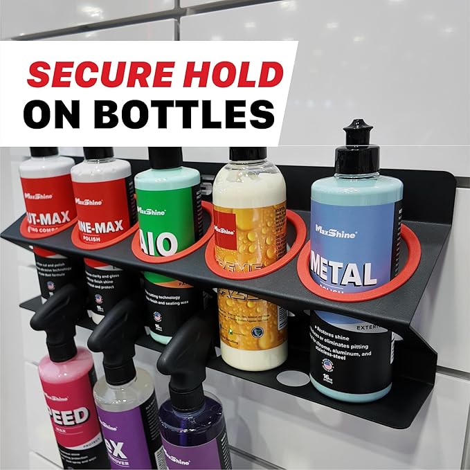 Maxshine Universal Detailing Spray Bottle Holder – Mobile Detailing & Car Garage Organizer, Holds 5 Bottles (16/32oz) with 4 Small Holes – Lightweight Design, Easy Wall Mounting