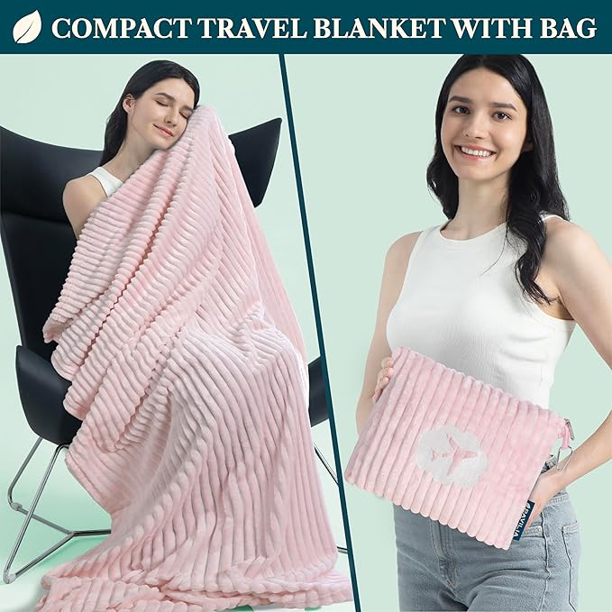 PAVILIA Travel Blanket Pillow in Soft Bag with Pockets, Airplane Blanket Set, Plane Blanket Compact Packable, Flight Essentials Car Pillow, Travelers Accessories Gifts, Luggage Strap, Light Pink