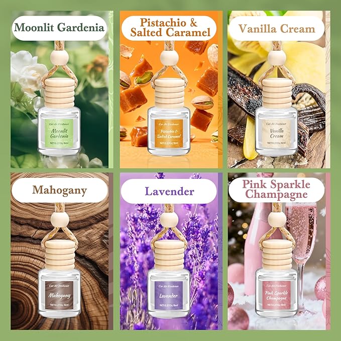 6 Pack Car Air Freshener for Women, Long Lasting Slow-Release Natural Essential Oil Scents Air Freshener Diffuser, Hanging Cute Car Accessories, Refined Auto Interior Decor Gift (8ml Each)