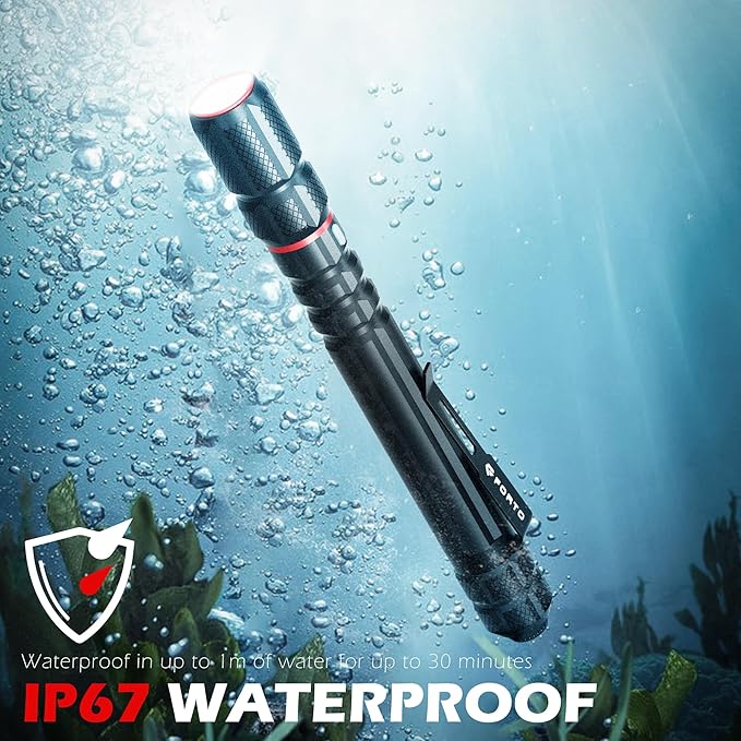 FORTO Rechargeable Pen Light Flashlight, 400 Lumens Small Pocket Flashlight with Clip, IP67 Waterproof, 2 Light Modes, 3-Color Battery Indicator, Type-C Charging, for Inspection,Emergency（1 Pack）