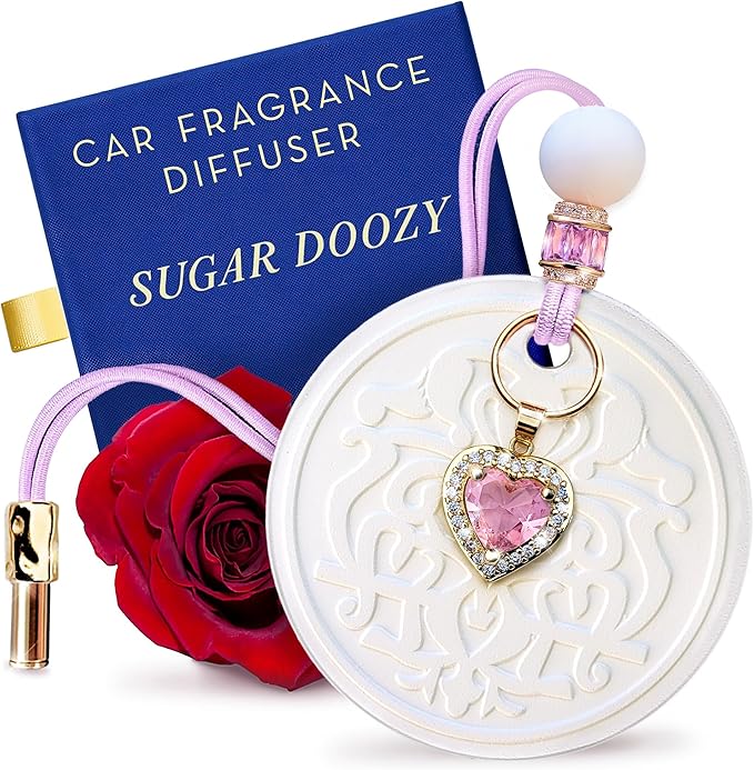 Luxury Car Air Freshener for Women - Refillable & Portable Essential Oil Fragrance Diffuser - Cute Car Accessories & Interior Decor - Mirror Hanging or Vent Clips - Pink Heart Charm, Rose Scent