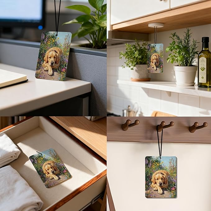Vintage Golden Retriever Floral Air Freshener 4Pcs, Artistic Dog & Flower Field Air Freshener for Car Interior, Closet, Drawer, Books, Car Mirror Decor Hanging, Gift for Dog Lovers