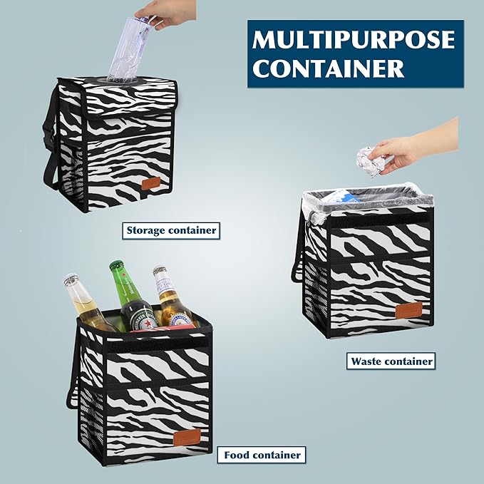 Femuar Car Trash Can with Lid - Leak Proof, Waterproof, Zebra Stripe, SUV Multipurpose Car Hanging for Headrest, Collapsible, Portable with Storage Mesh Pocket