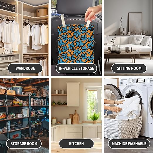 Cute Car Trash Can, Hanging Canvas Car Back Seat Organizer and Storage Bag, Funny Car Trash Bag For Travelling, Outdoor Abstract Blue Flowers