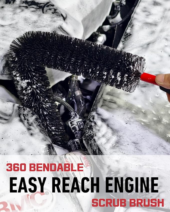 10PCS Engine Bay Cleaning Kit, Professional Under Hood Detailing Tools with Long Bendable Brush & Natural Bamboo Horsehair Brush, Applicators, Towel for Car, Truck