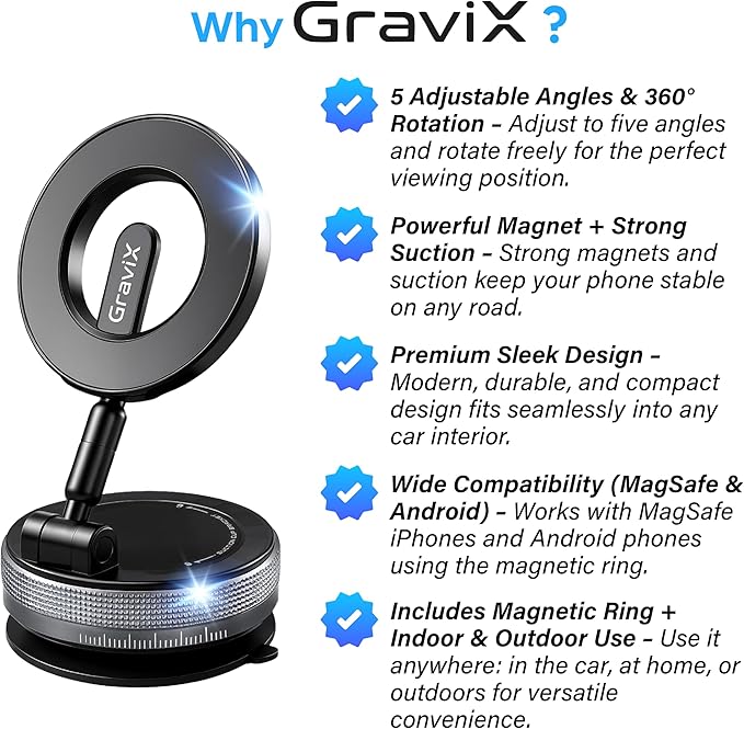 GraviX Car Phone Holder for MagSafe – Adjustable Car Phone Mount with Strong Suction & Powerful Magnet – Phone Holders for Your Car for iPhone 17 Pro Max 16 15 14 13 12 Air Plus – Car Accessories