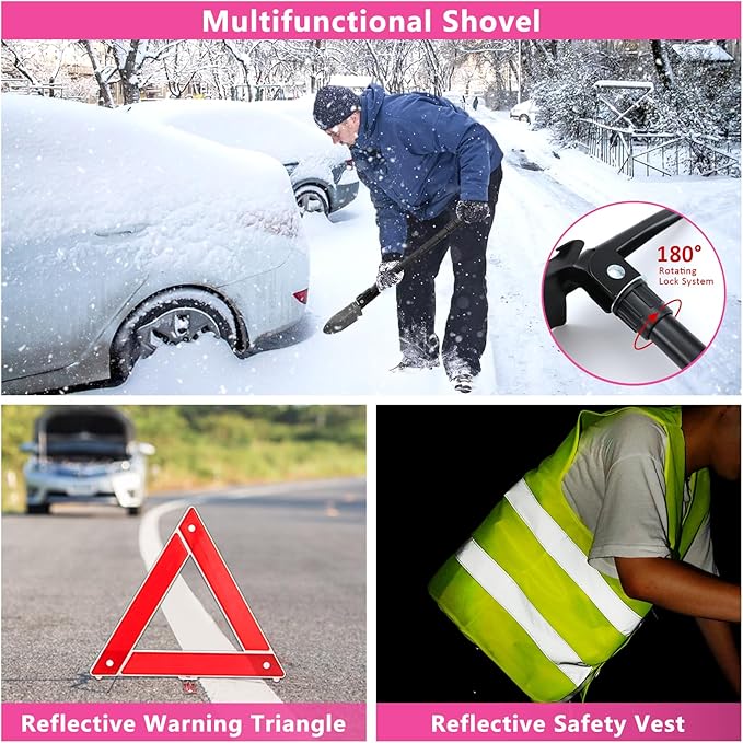 Car Emergency Kit with Portable Air Compressor - Roadside Assistance Emergency Kit with Jumper Cables, First Aid Kit, Auto Tool Set, Winter Safety Kit for Women, Men, Teen (Pink)