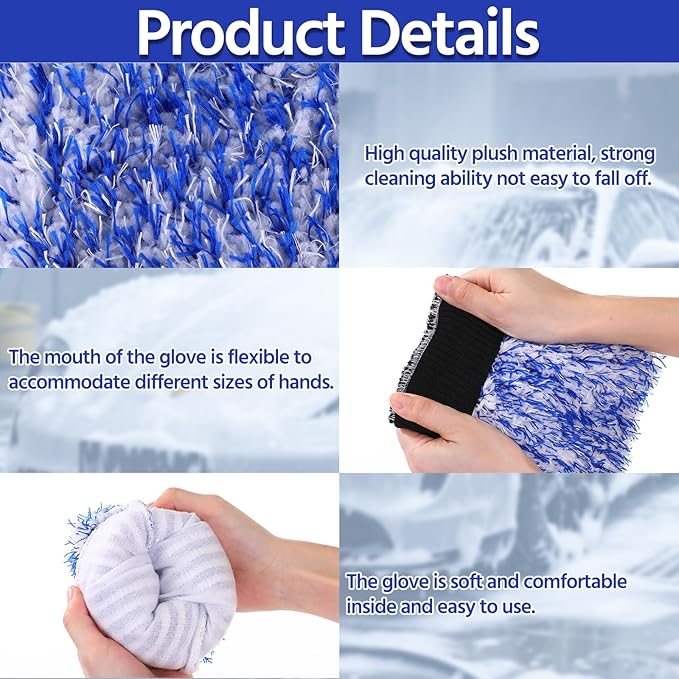 4 Pack Microfiber Car Wash Mitts Set 10x7 Inch Soft Suede Lining Car Wash Gloves, Highly Absorbent Scratch-free Cleaning Cloths for Auto Detailing, Safe with All Soaps, Bucket (Blue & Black)
