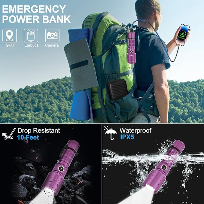 Banral Flashlights High Lumens Rechargeable, Super Bright Long Range Small Powerful Flashlight, 6 Modes LED Tactical Pocket Waterproof Flash Light for Home Emergency (2, Purple)