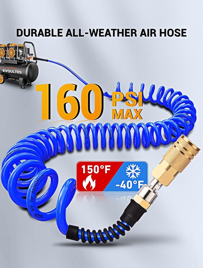 1/4 In x 28 Ft Polyurethane Recoil Air Compressor Hose, Upgraded Air Hose with Repairable Bend Restrictor, Air Hose kit w/ 360° Swivel 1/4" NPT Coupler & Brass Quick Connect Air Fittings
