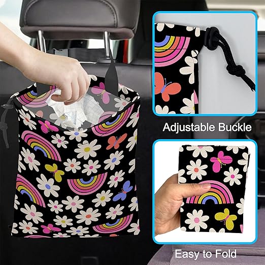Car Trash Bag Daisy Rainbow Butterfly Car Garbage Bag Hanging Car Trash Can for Back Seat with Drawstring, Waterproof Garbage Bags for Car Accessories Vehicle Travelling Camping Outdoor