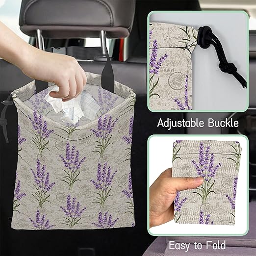 Lavender Flower Car Trash Bag,Hanging Drawstring Car Garbage Bag,Waterproof Canvas Car Back Seat Organizer with Adjustable Buckle,for Vehicles,SUVs,Camping,Road Trips