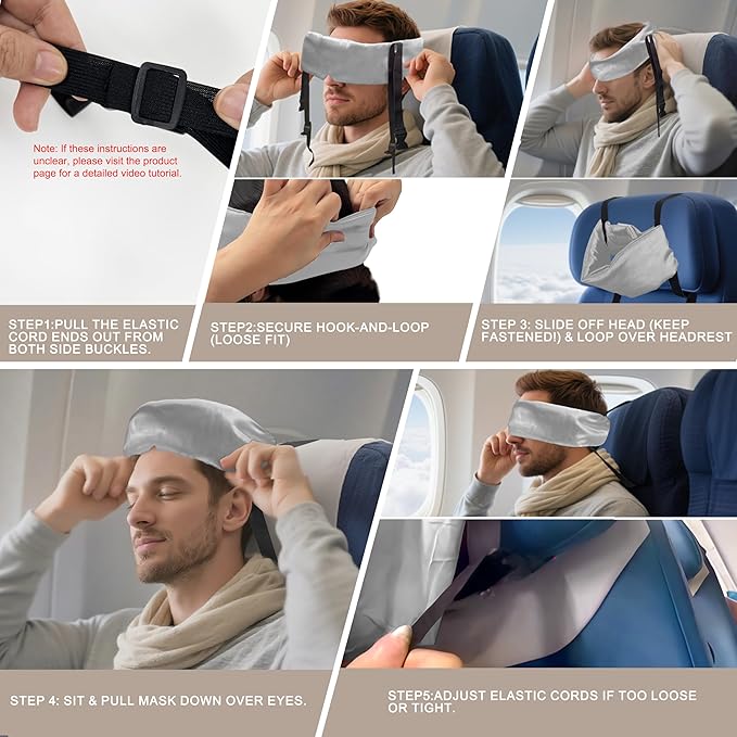 Travel Pillows for Airplanes, Airplane Head Strap with Silk Eye Mask for Sleeping, Long Flights & Car Road Trips 360°Headrest Neck Support, Stops Bobbing, Small & Compact (Gray)