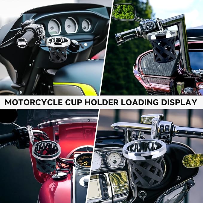 DREAMIZER Motorcycle Handlebar Drink Cup Holder Mount Water Bottle Holder with Mesh Basket Compatible with Harley Touring Road Glide Street Electra Glide Softail XL883 1200 1996-up, Chrome